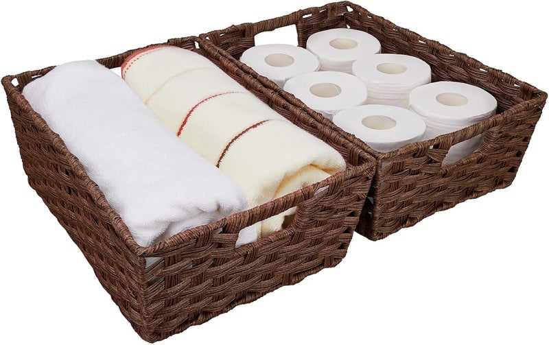 onlytak Large Wicker Storage Basket, Metal Frame, Set of 2, Washable Waterproof, 15" x 10.3" x 5.2", Brown Color, Woven Basket for Pantry, Toilet, Bathroom, Bedroom, Patio - Image 1